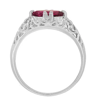 Edwardian Oval Rubellite Tourmaline Filigree East West Ring in 14 Karat White Gold