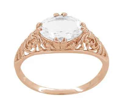 Edwardian Oval White Sapphire Filigree Engagement Ring in 14 Karat Rose Gold ( Pink Gold )