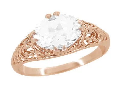 Edwardian Oval White Sapphire Filigree Engagement Ring in 14 Karat Rose Gold ( Pink Gold )