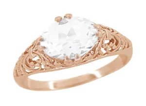 Edwardian Oval White Sapphire Filigree Engagement Ring in 14 Karat Rose Gold ( Pink Gold )