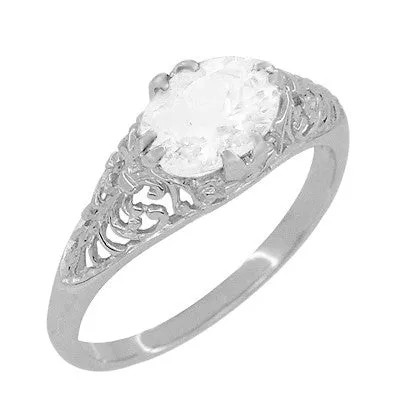 Edwardian Oval White Topaz Antique Style Filigree Engagement Ring in 14 Karat White Gold