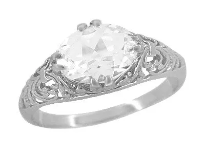 Edwardian Oval White Topaz Antique Style Filigree Engagement Ring in 14 Karat White Gold