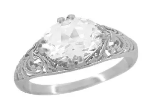 Edwardian Oval White Topaz Antique Style Filigree Engagement Ring in 14 Karat White Gold