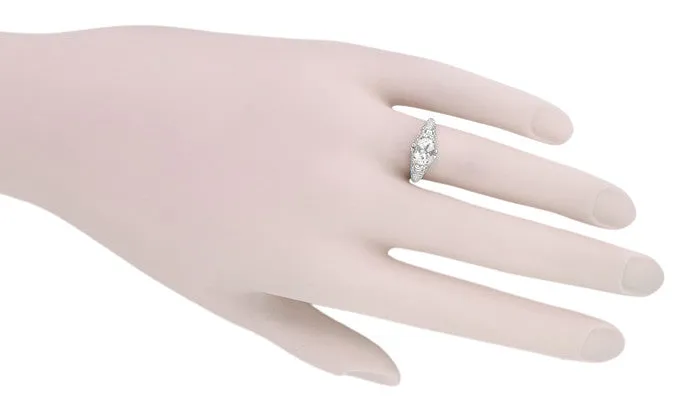 Edwardian Oval White Topaz Antique Style Filigree Engagement Ring in 14 Karat White Gold