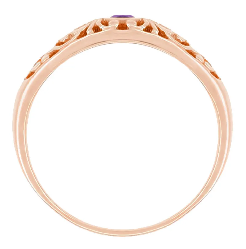 Edwardian Rose Gold Scroll Filigree Amethyst Band Ring