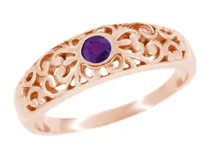 Edwardian Rose Gold Scroll Filigree Amethyst Band Ring