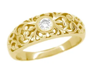 Edwardian Yellow Gold Filigree Diamond Band Ring - 14K or 18K