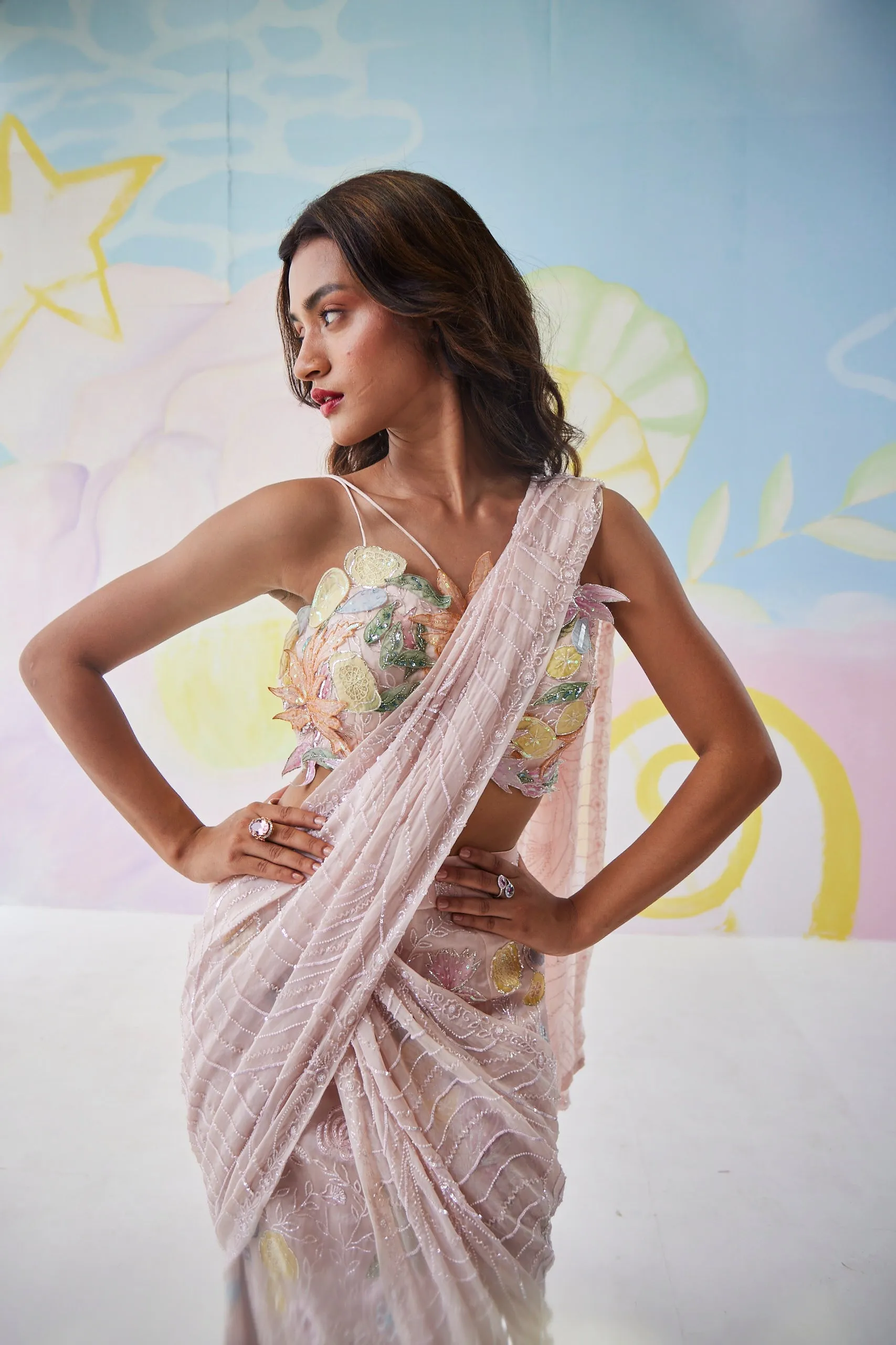 Elysian Blush Pink Handpainted Mermaid Saree