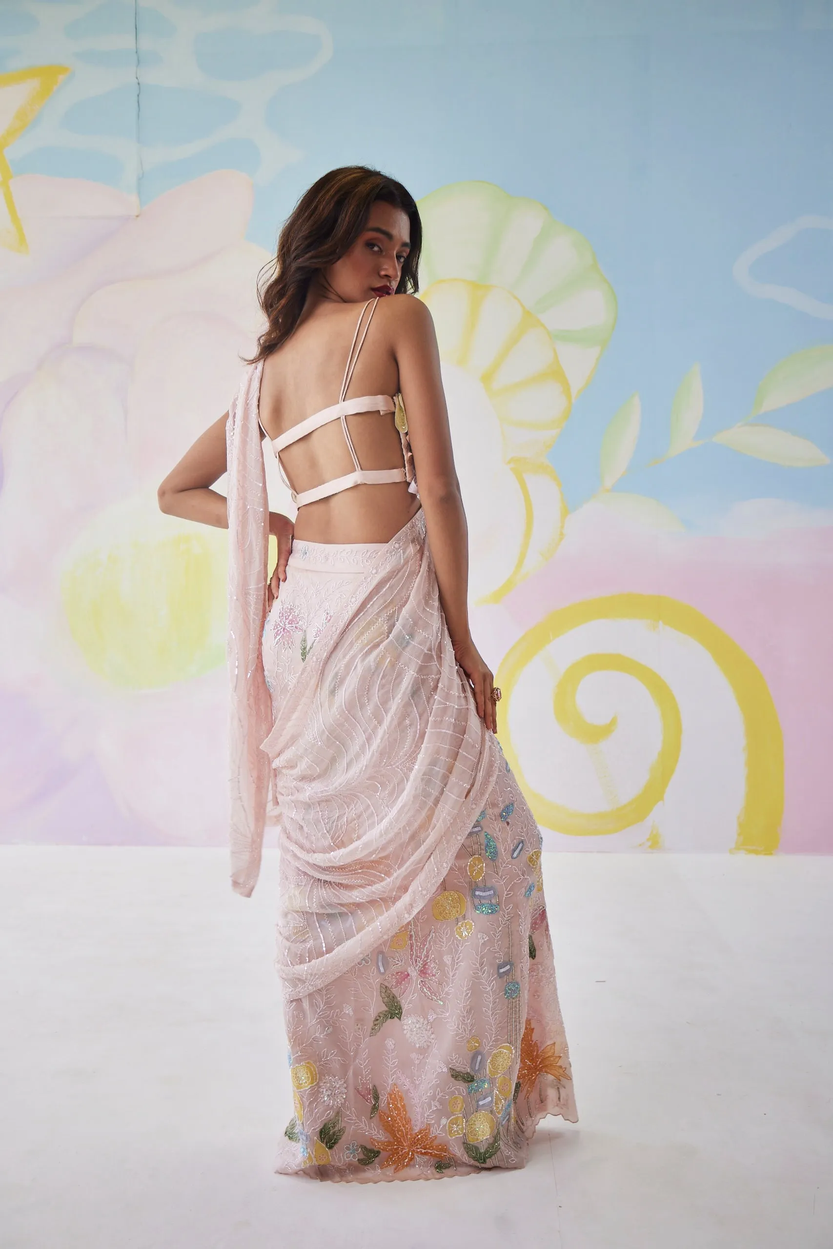 Elysian Blush Pink Handpainted Mermaid Saree