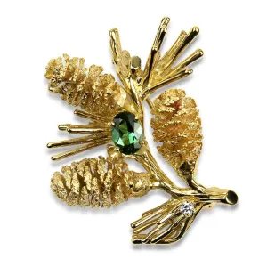 Estate 14K Yellow Gold Tourmaline and Diamond Pine Cone Pin