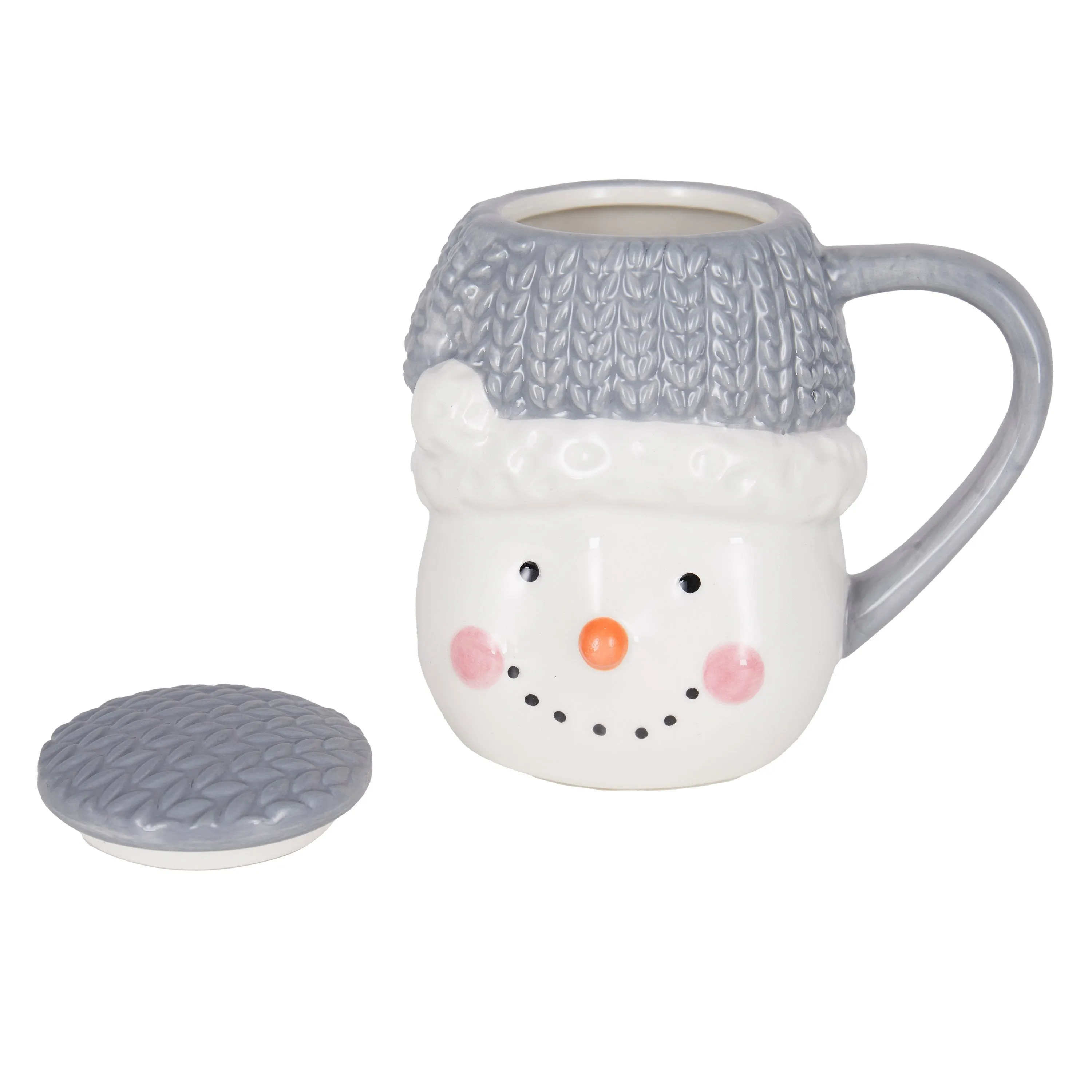 Evergreen Home Accents,13oz Ceramic Snowman Cup with Knitted Hat Topper,4.88x3.66x4.69 Inches