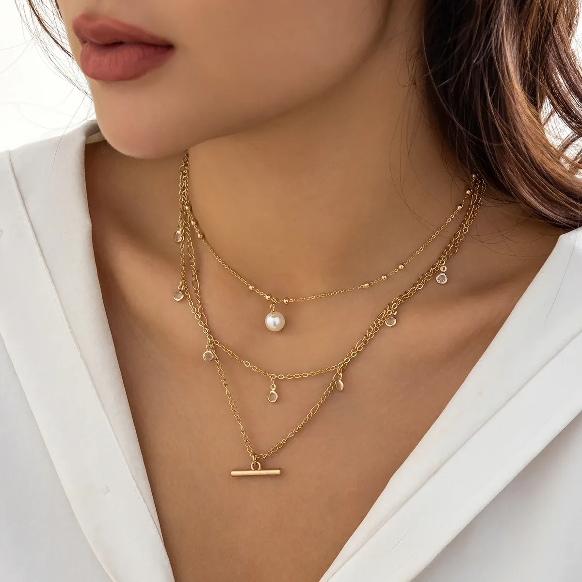 Exquisite Crystal Bead Clavicle Bohemian Multi-Layered Metal Chain Necklace