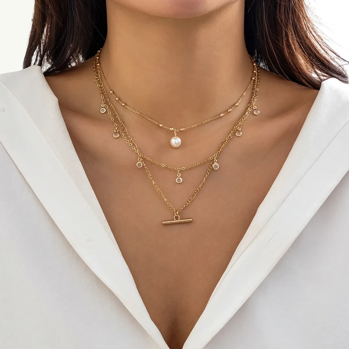 Exquisite Crystal Bead Clavicle Bohemian Multi-Layered Metal Chain Necklace