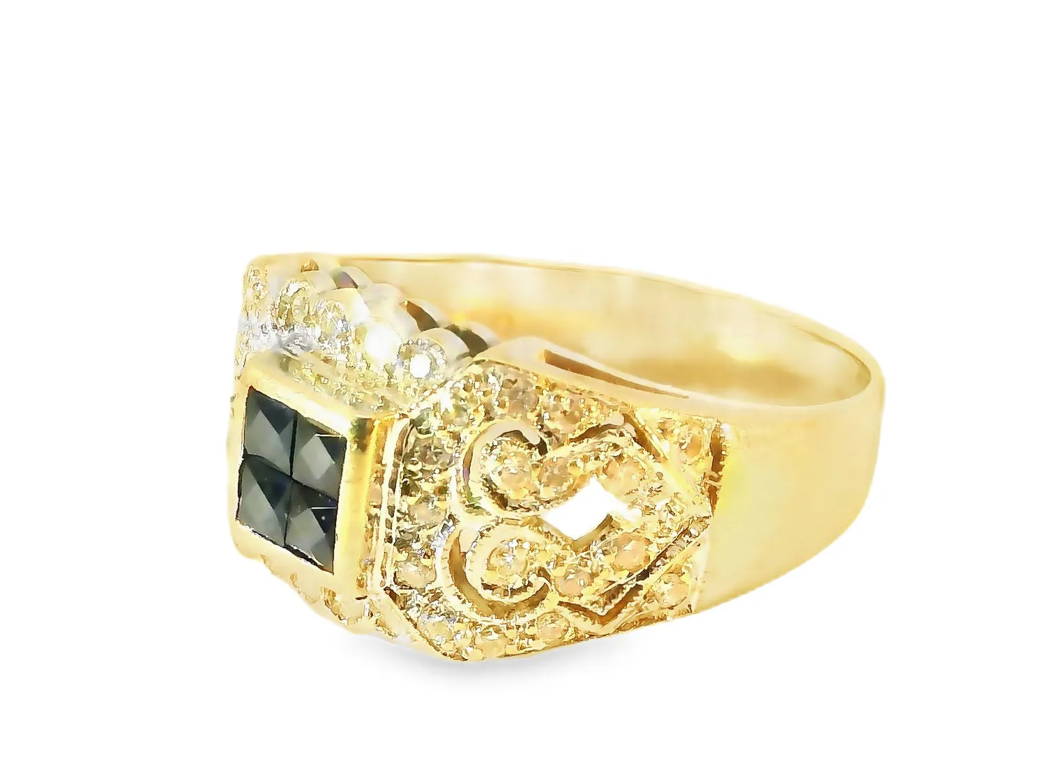 Fabulous Antique 14K Yellow Gold Sapphire Diamond Filigree Cluster Band Ring