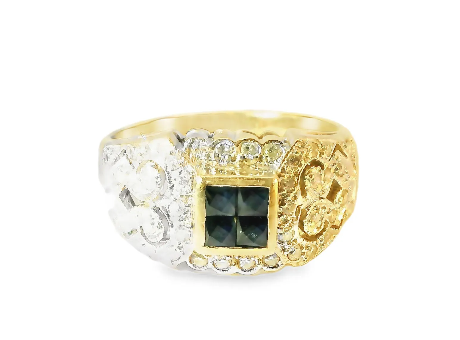 Fabulous Antique 14K Yellow Gold Sapphire Diamond Filigree Cluster Band Ring
