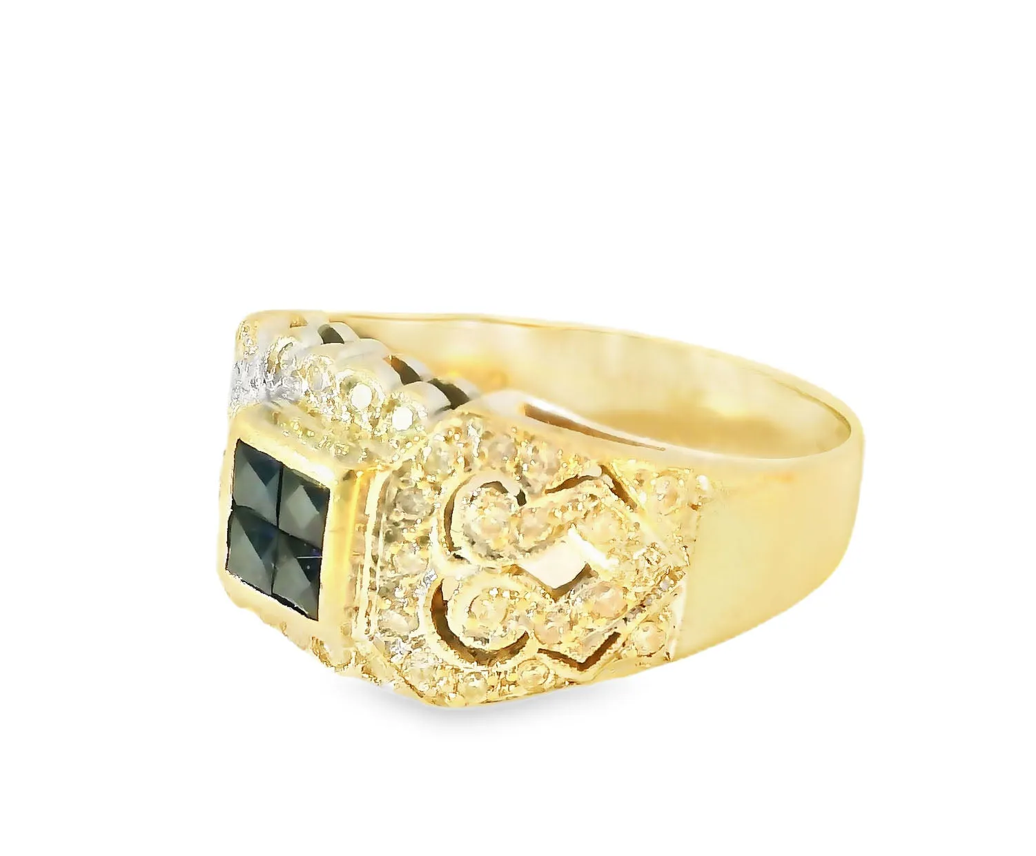 Fabulous Antique 14K Yellow Gold Sapphire Diamond Filigree Cluster Band Ring