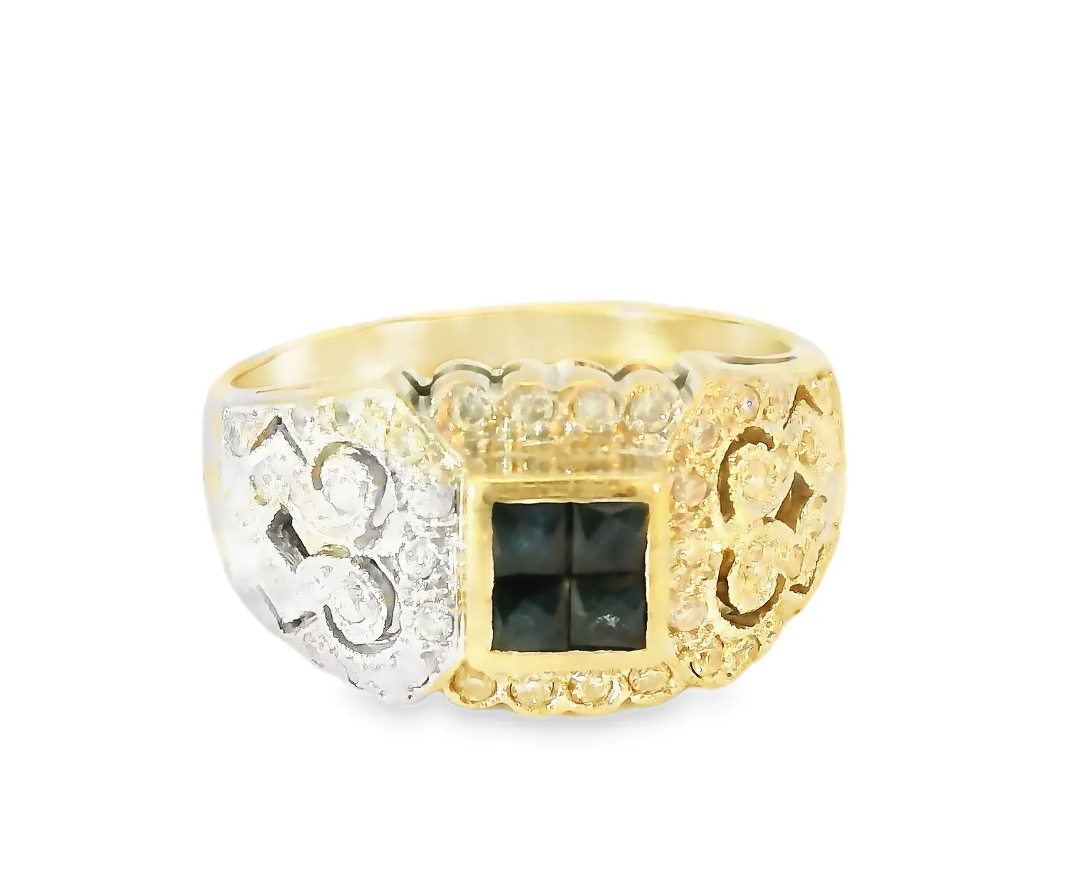 Fabulous Antique 14K Yellow Gold Sapphire Diamond Filigree Cluster Band Ring