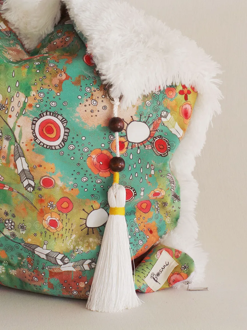 'feathers, flowers, showers' large shag art pillow