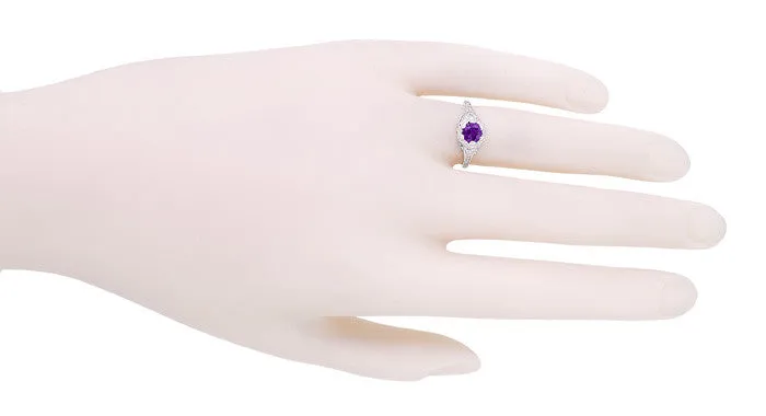 Filigree Art Deco Flowers Amethyst Engagement Ring in 14 Karat White Gold