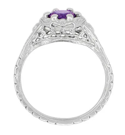 Filigree Art Deco Flowers Amethyst Engagement Ring in 14 Karat White Gold