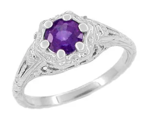 Filigree Art Deco Flowers Amethyst Engagement Ring in 14 Karat White Gold