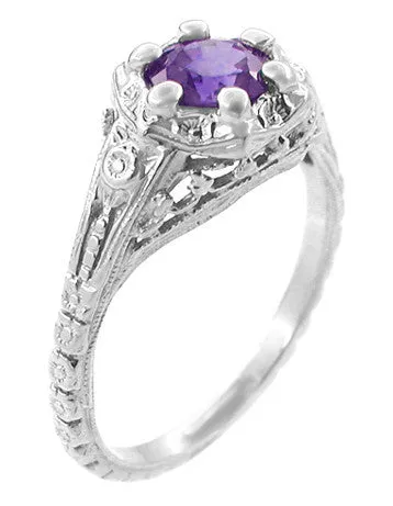 Filigree Art Deco Flowers Amethyst Engagement Ring in 14 Karat White Gold