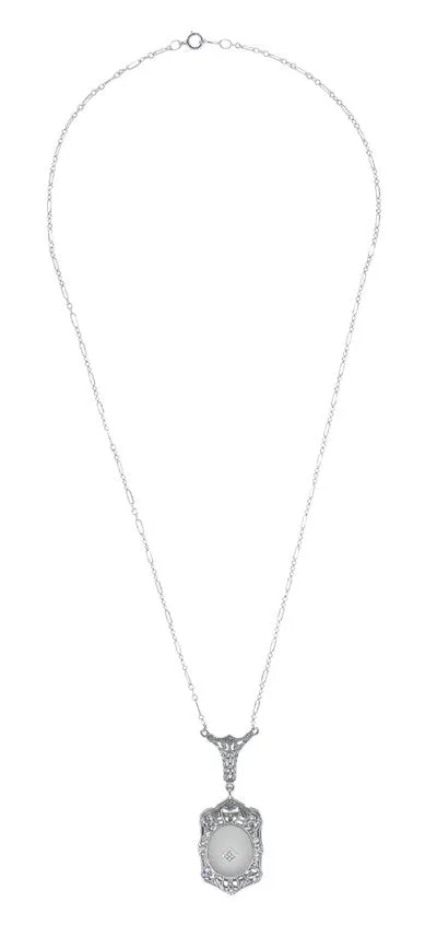 Filigree Art Deco Starburst Camphor Glass Crystal & Diamond Drop Pendant Necklace in Sterling Silver