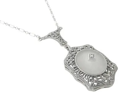 Filigree Art Deco Starburst Camphor Glass Crystal & Diamond Drop Pendant Necklace in Sterling Silver