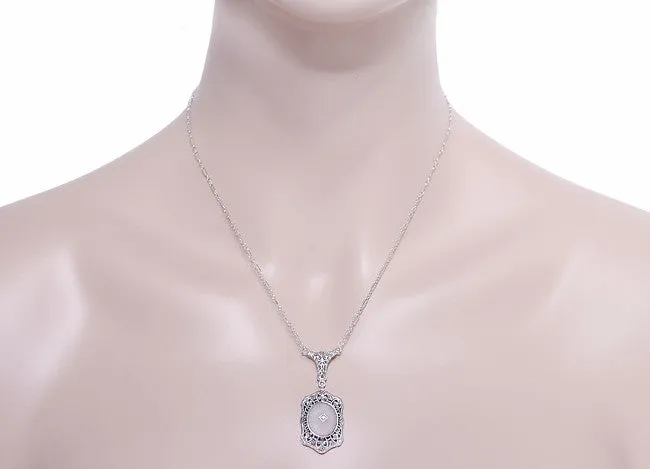 Filigree Art Deco Starburst Camphor Glass Crystal & Diamond Drop Pendant Necklace in Sterling Silver