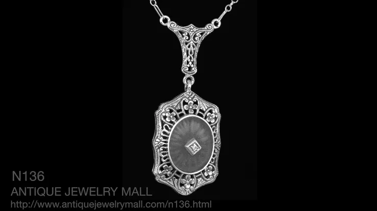 Filigree Art Deco Starburst Camphor Glass Crystal & Diamond Drop Pendant Necklace in Sterling Silver