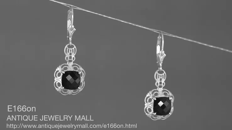 Filigree Cushion Cut Black Onyx Art Deco Drop Earrings in Sterling Silver