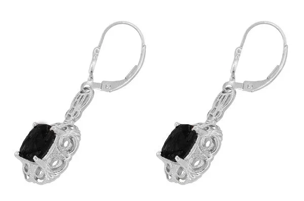 Filigree Cushion Cut Black Onyx Art Deco Drop Earrings in Sterling Silver