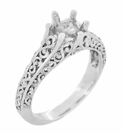 Filigree Flowing  Scrolls Edwardian Engagement Ring Setting for a 3/4 Carat Diamond in 14 Karat White Gold