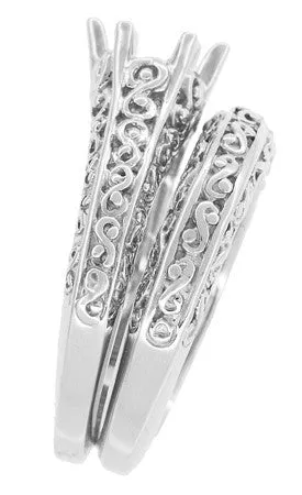 Filigree Flowing  Scrolls Edwardian Engagement Ring Setting for a 3/4 Carat Diamond in 14 Karat White Gold