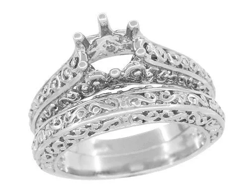 Filigree Flowing  Scrolls Edwardian Engagement Ring Setting for a 3/4 Carat Diamond in 14 Karat White Gold