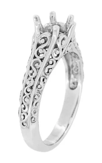 Filigree Flowing  Scrolls Edwardian Engagement Ring Setting for a 3/4 Carat Diamond in 14 Karat White Gold