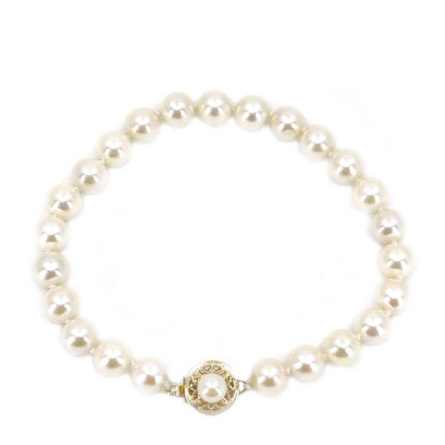 Filigree Japanese Saltwater Akoya Cultured Graduated Pearl Bracelet- 14K Yellow Gold