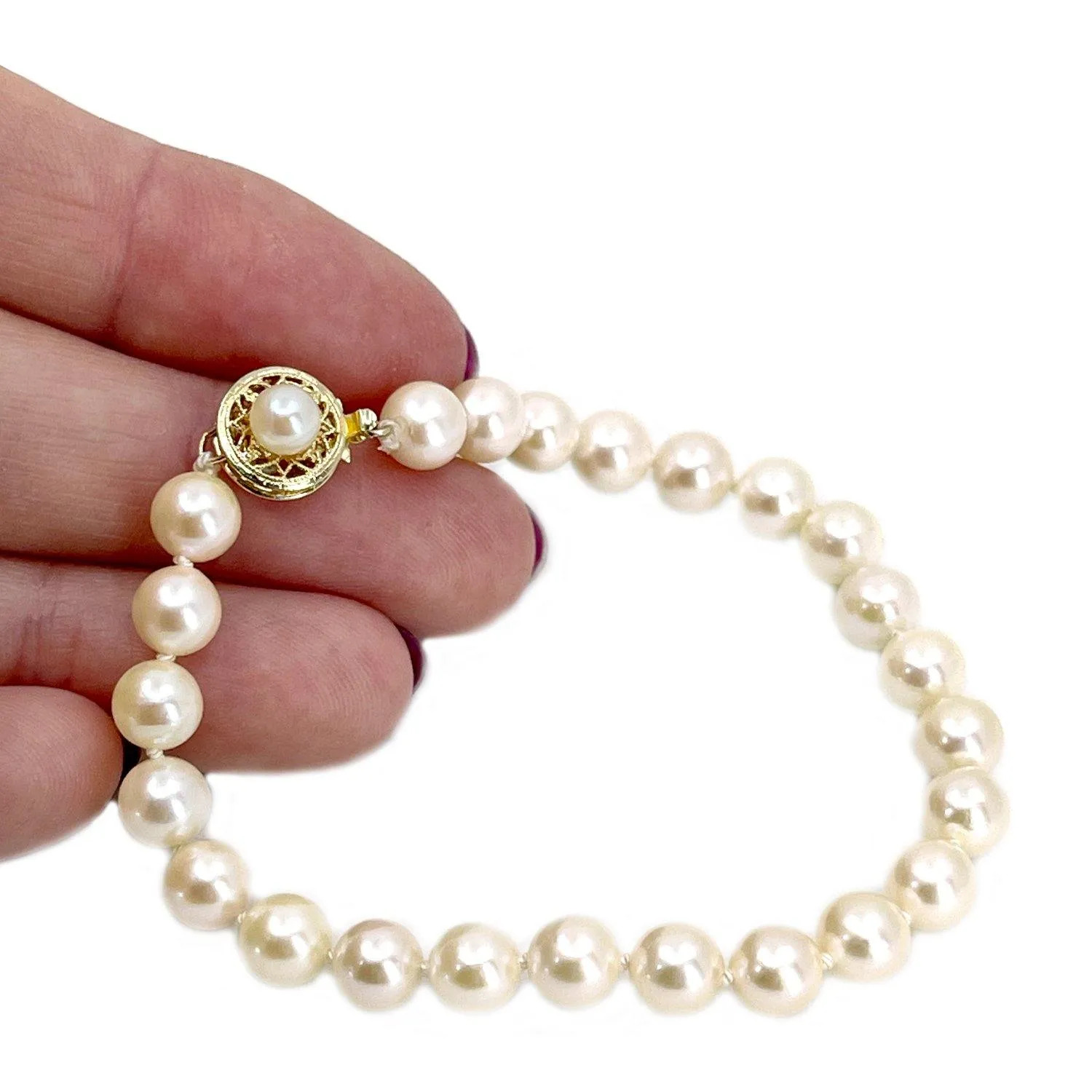 Filigree Japanese Saltwater Akoya Cultured Graduated Pearl Bracelet- 14K Yellow Gold