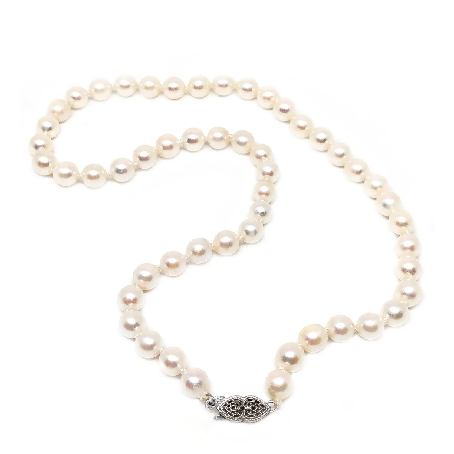 Filigree Japanese Saltwater Cultured Akoya Pearl Strand - 14K White Gold 16 3/4 Inch
