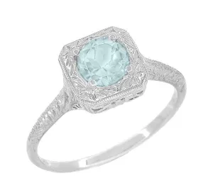 Filigree Scrolls Engraved Aquamarine Engagement Ring in 14 Karat White Gold