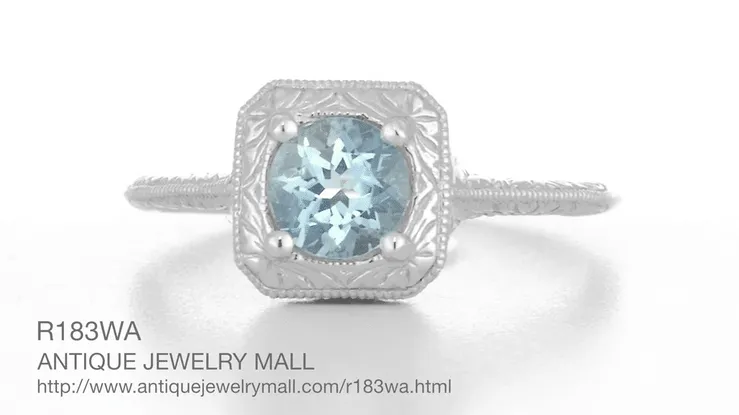Filigree Scrolls Engraved Aquamarine Engagement Ring in 14 Karat White Gold