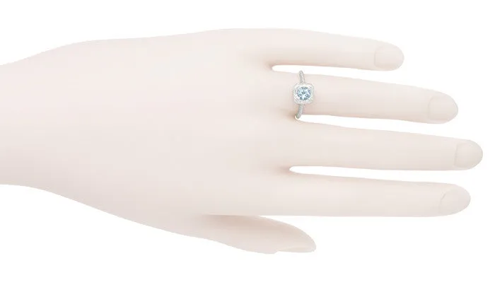Filigree Scrolls Engraved Aquamarine Engagement Ring in 14 Karat White Gold