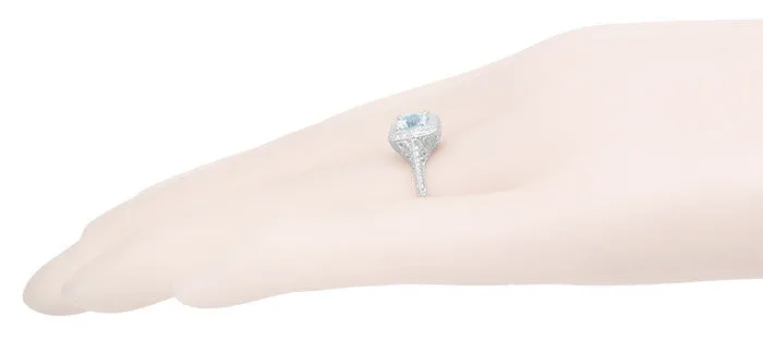 Filigree Scrolls Engraved Aquamarine Engagement Ring in 14 Karat White Gold