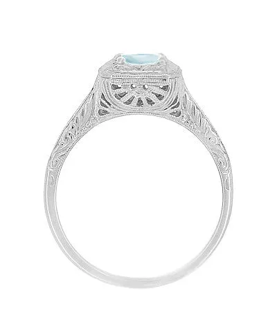 Filigree Scrolls Engraved Aquamarine Engagement Ring in 14 Karat White Gold