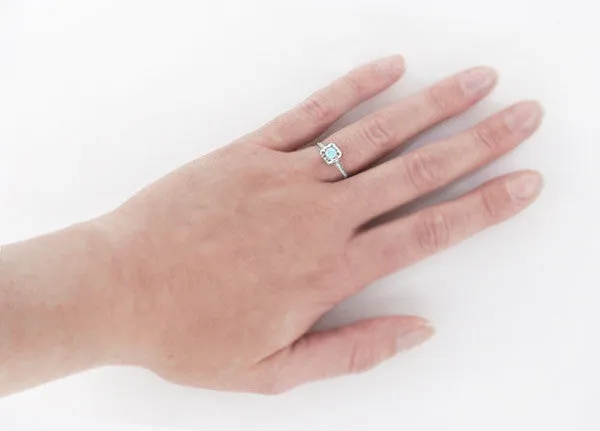 Filigree Scrolls Engraved Aquamarine Engagement Ring in 14 Karat White Gold