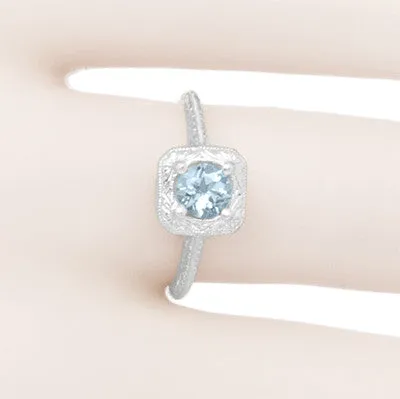 Filigree Scrolls Engraved Aquamarine Engagement Ring in 14 Karat White Gold