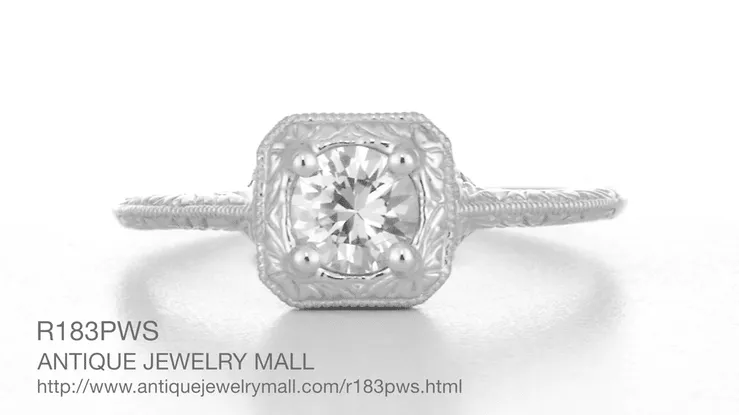 Filigree Scrolls Engraved White Sapphire Engagement Ring in Platinum