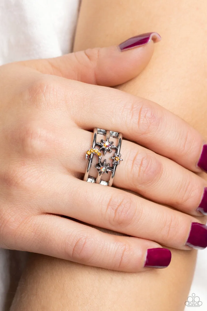 Fly Me to the Stars - Orange - Rhinestone Moon Star Paparazzi Ring