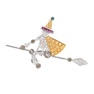 Flying Witch on a Broom Stick Pendant Diamond Sapphire Estate 18k Gold Brooch
