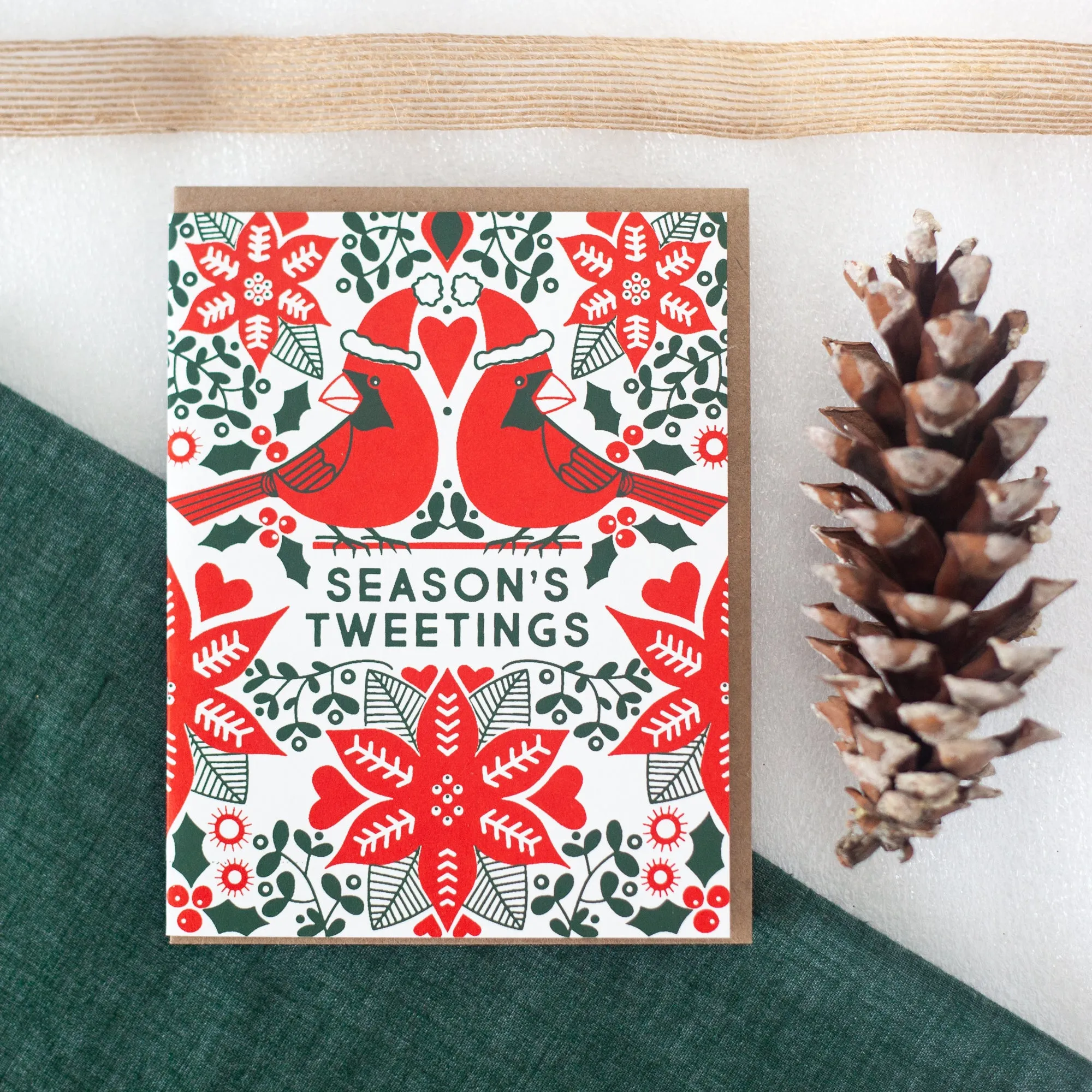 folk art Christmas card, cardinal holiday card, season's tweetings card for bird lover